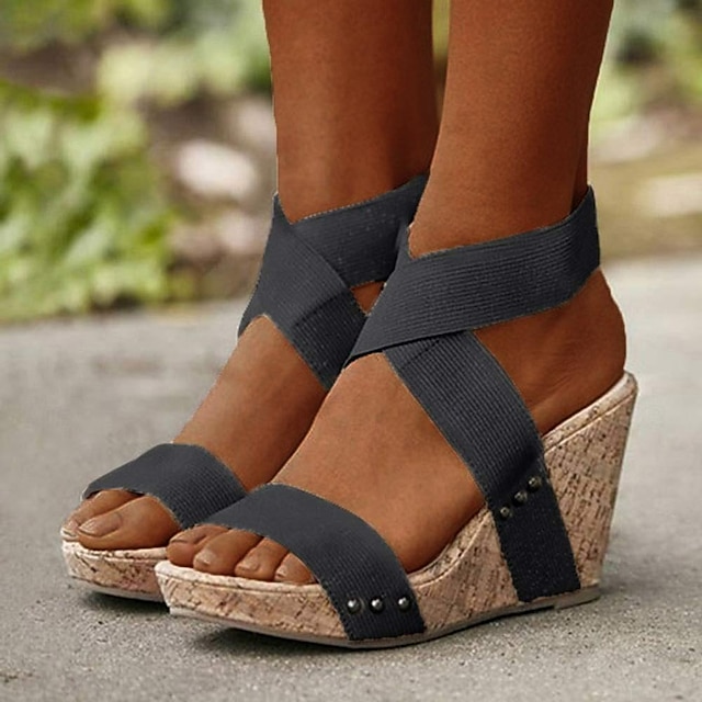  sandali con zeppa da donna sandali con plateau cinturini elastici incrociati comodi sandali aperti alla caviglia con punta aperta nero beige