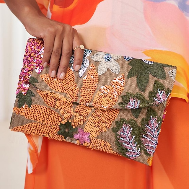  Women's Embroidered Floral Clutch - Handheld Evening Bag with Colorful Bead and Sequin Details