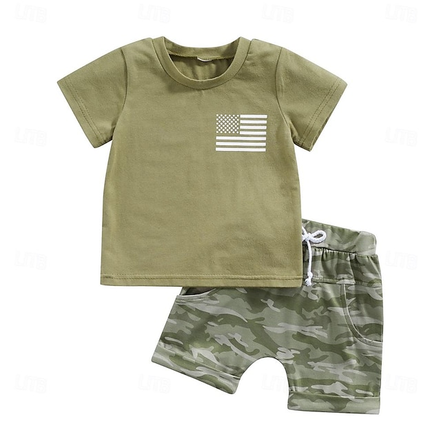  2 Dele Baby Drenge T-shirt & Shorts Outfit Grafisk Kortærmet Sæt Skole Mode Daglig Sommer Forår 3-7 år Militærgrøn