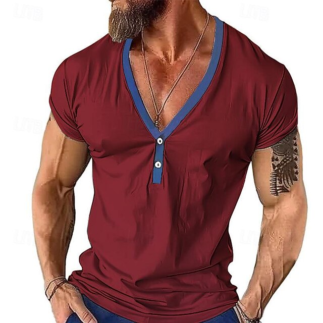  Bărbați Tricou cu nasturi Tricou Cămașă Henley Tricouri Manșon scurt În V Primavara vara Bloc Culoare Modă Designer De Bază Peteci Vacanță Stradă Ieșire Negru Alb Roșu Închis Top tricou pentru bărbați