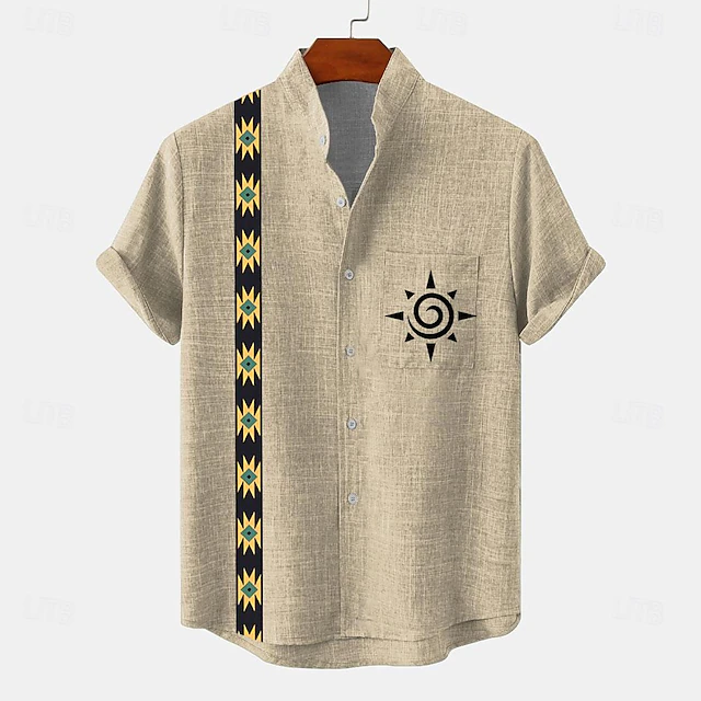 Men's Shirt Button Up Shirt Short Sleeve Vintage Casual Tribal Vacation Daily Summer Spring Band Collar Print Green Khaki Beige 6