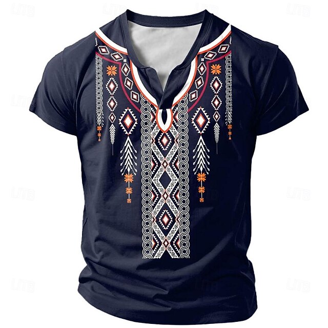 Men's Tribal T Shirt Short Sleeve 3D Print Vacation Fashion Ethnic Casual Summer Spring Dark Blue Henley Henley T-Shirt4