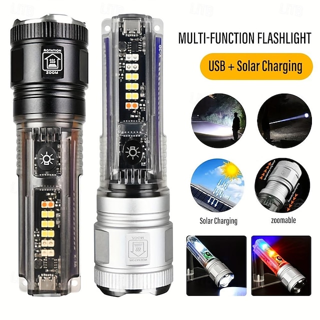  Solar Rechargeable Flash Light Zoomable Outdoor Super Bright LED Handheld Flashlight with USB and Solar Charging P50 Bead Telescopic Zoom for Camping Emergency Flashlight Fishing Hiking