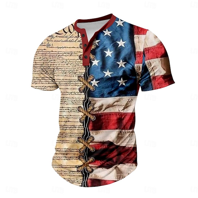  Amerikansk amerikansk flagg Sport Mote Herre 3D-utskrift T skjorte Gate Sport & Utendørs Festival Amerikansk uavhengighetsdag T skjorte Kakifarget Kortermet Henley Skjorte Sommer Vår Klær S M L XL