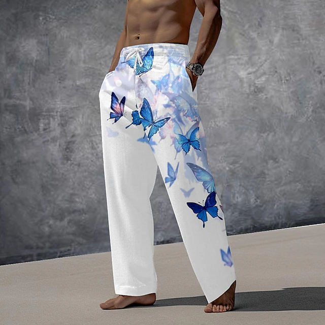 Men's Butterfly Trousers Mid Waist Holiday Casual Summer Spring 3D Print Lake blue Black Royal Blue 7