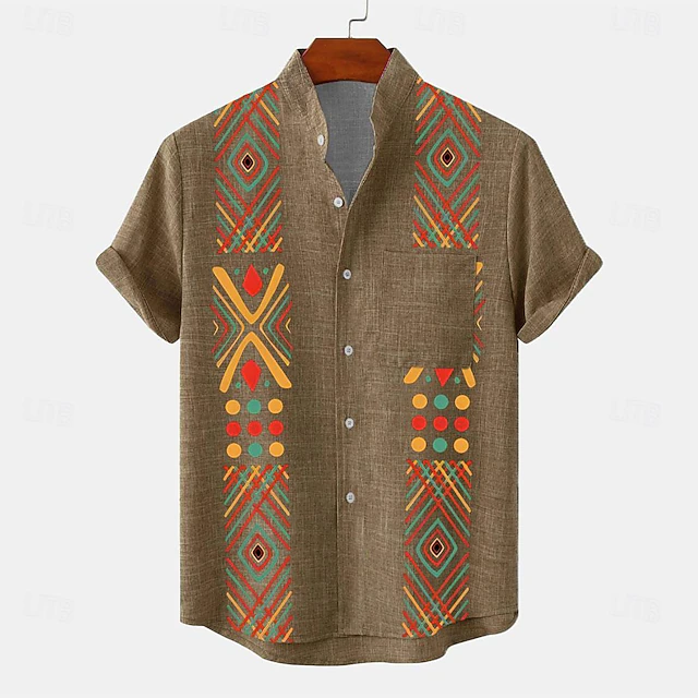 Men's Shirt Button Up Shirt Short Sleeve Vintage Casual Tribal Vacation Daily Summer Spring Band Collar grandad collar Print Green Khaki Beige 6