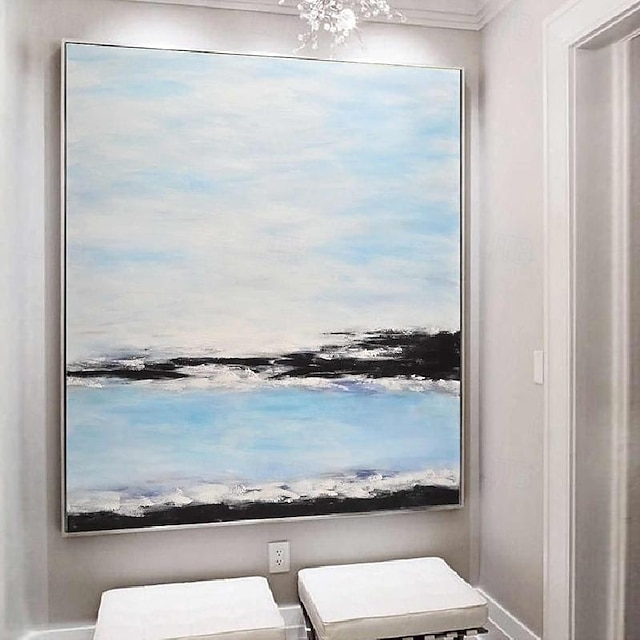  stor beige och grå målning handmålad abstrakt blå himmel oljemålning på duk handgjord beige och grå canvas väggkonst modern texturerad målning för vardagsrum kontor sovrum