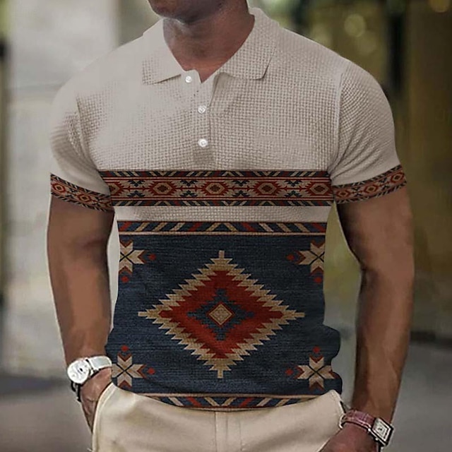  Aztec Tribal Men's Vintage Print Waffle Polo Shirt Outdoor Street Casual Polyester Short Sleeve Polo Shirts Khaki Summer Spring S M L Lapel Polo