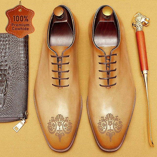 Men's Premium Cowhide Oxford Shoes - Vintage Brogue Lace-Up Dress Shoes with Intricate Engraved Detailing for Formal Occasions 10