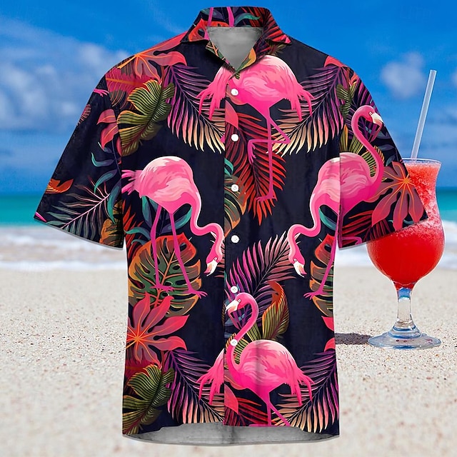  البشروس طائر مائي ستايل هاواي ملجأ رجالي قميص هاواي الأماكن المفتوحة شارع فضفاض الصيف الربيع طوي كم قصير أبيض, وردي بلاشيهغ, أزرق S, M, L بوليستر قميص