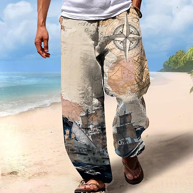 Men's Pants Trousers Mid Waist Drawstring Elastic Waist Hawaiian Holiday Beaches Straight Leg Trousers Summer Spring Fall 3D Print Beige4