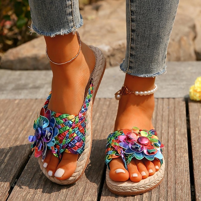  damskie kwiatowe stringi sandały kapcie kolorowe plecione lekkie wsuwane slajdy na co dzień wakacyjne letnie slajdy plażowe