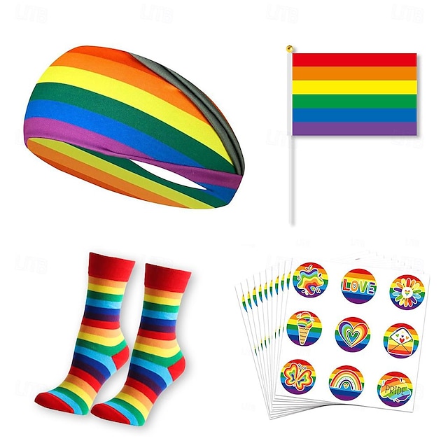  Rainbow Pride Accessories Set Sweat-Absorbent Headband Socks 90Pcs Stickers Queer LGBT LGBTQ Adults' Unisex Gay Lesbian for Pride Parade Pride Month Party Carnival