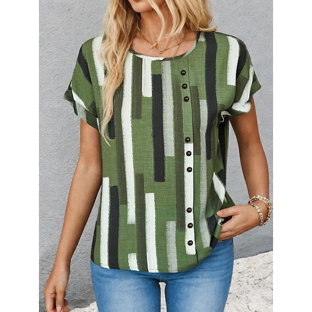  Women's Tunic Geometric Button Daily Daily Casual Short Sleeve Crew Neck Green Summer