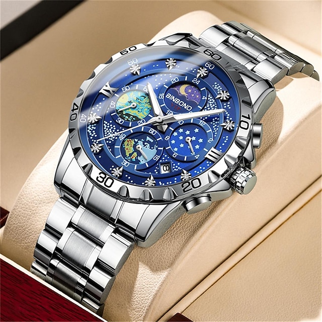  Da uomo Orologio al quarzo Di tendenza Lavoro Orologio da polso Visualizzazione delle fasi lunari Luminoso Calendario Impermeabile Acciaio Guarda