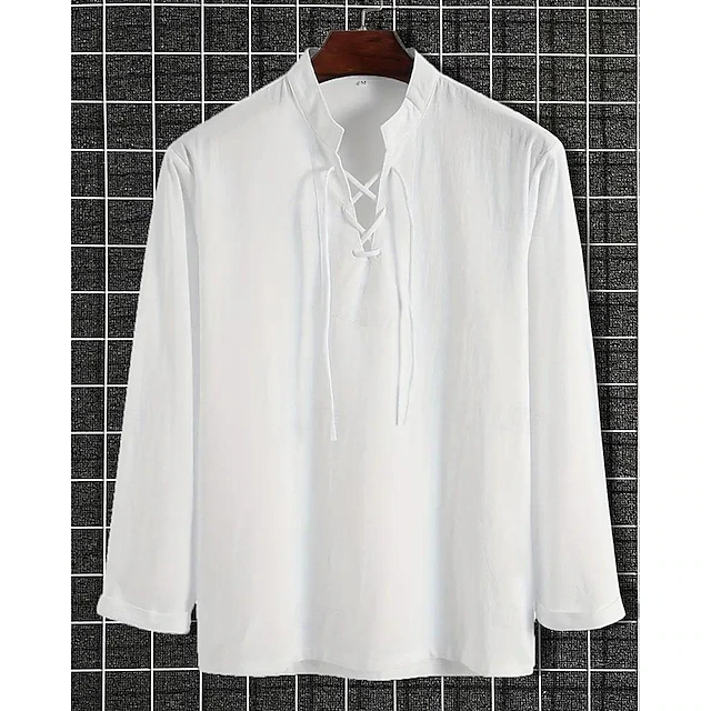 Men's Shirt Casual Shirt Cotton Shirt Plain Hawaiian Holiday Black White Khaki Long Sleeve Band Collar Spring & Fall Clothing Apparel Lace up 11