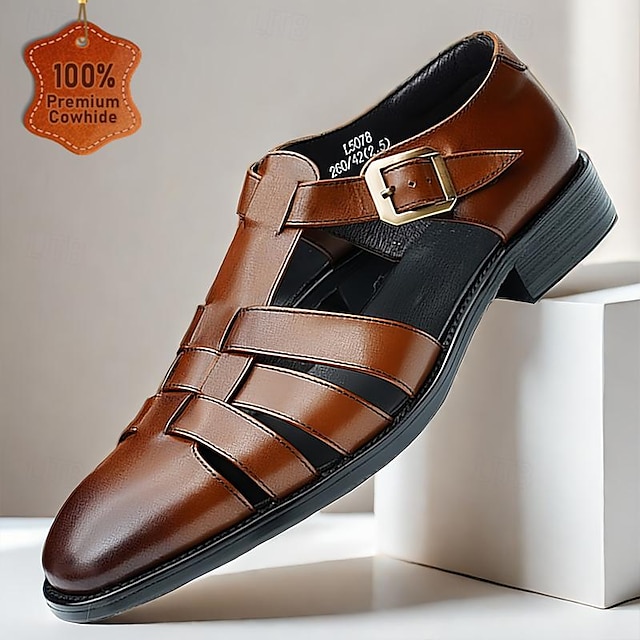 Men's Sandals Leather Shoes Fishermen sandals Leather Italian Full-Grain Cowhide Breathable Comfortable Slip Resistant Slip-on Buckle Black Brown