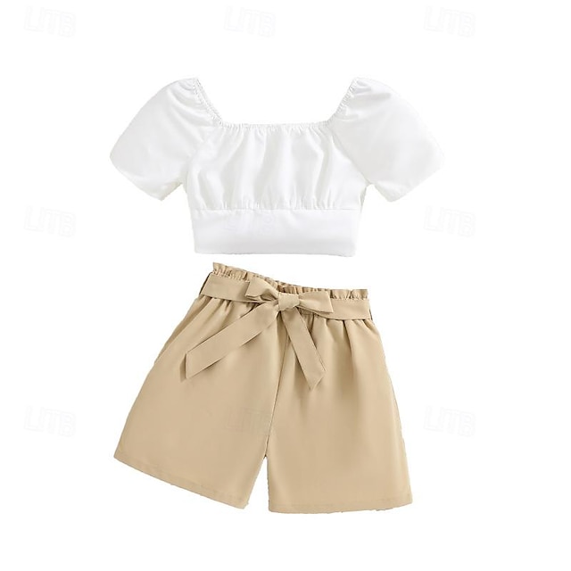  2 חלקים ילדים בנות צבע אחיד חליפת מכנסיים קצרים הגדר שרוולים קצרים אופנתי בָּחוּץ 3-7 שנים קיץ לבן
