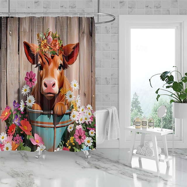  180cm Cute Cow Shower Curtain with Wooden Panel and Colorful Flowers - for Home, Homestay, Bathroom, Bathtub Partition - Waterproof Quick-Drying Polyester Fabric - Decorative Hook Shower Curtain
