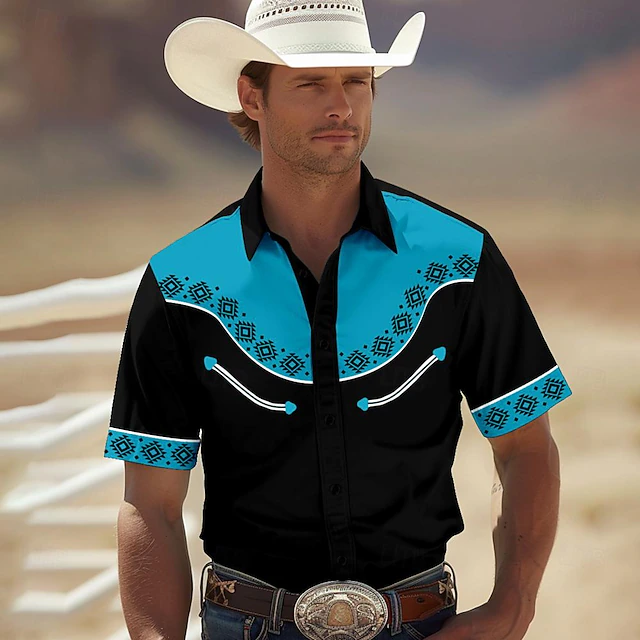 Men's Southwestern Print Shirt Western Shirt Cowboy Shirt Short Sleeve Western Style Tribal Summer Spring Shirt Collar Black Yellow Red Green 7