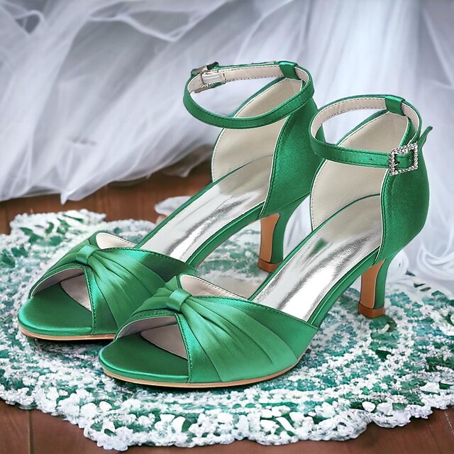 Women's Heels Wedding Shoes Dress Shoes Wedding Party Bowknot Stiletto Round Toe Elegant Satin Buckle Blue Green 8
