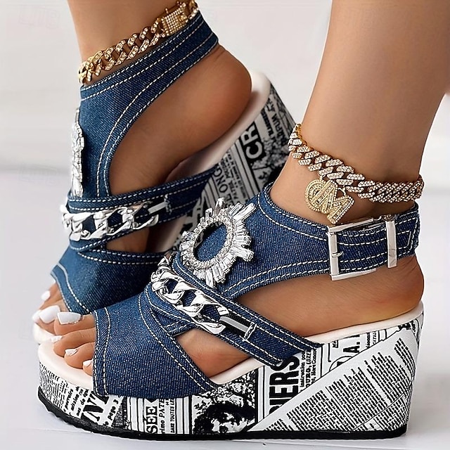  kedja av sandaler för kvinnor & strass dekor sandaler slingback peep toe ankel rem spänne kil skor sommar strand plattform sandaler