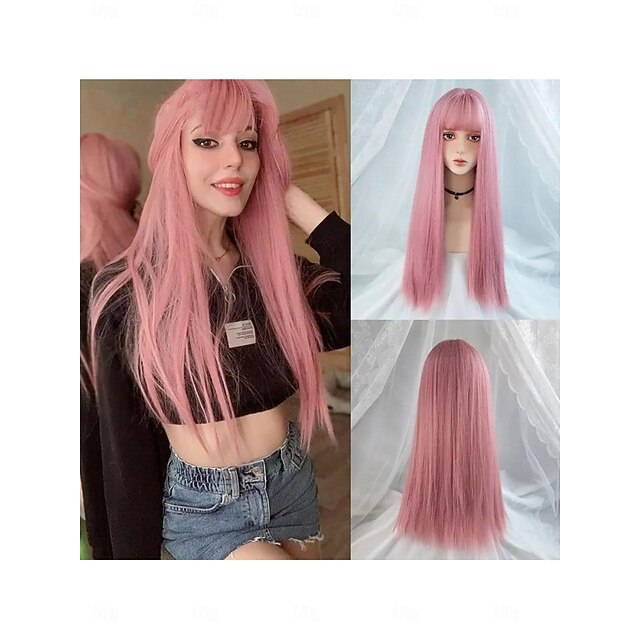 Synthetic Wig Natural Straight Neat Bang Wig 24 inch Pink+Red Synthetic Hair Women's Pink4