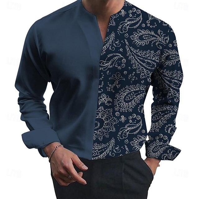 Men's Shirt Formal Daily Blue Long Sleeve V Neck Summer Spring Clothing Apparel Print4