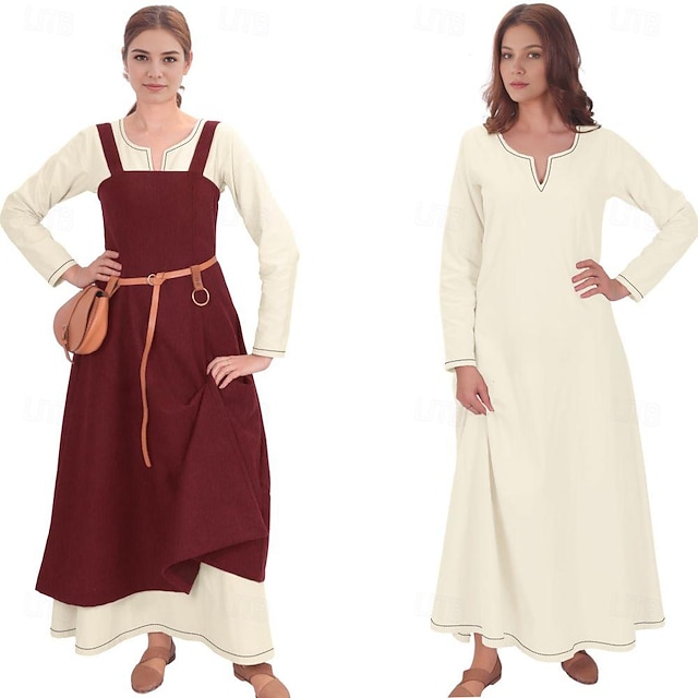 Women's Medieval Viking Apron Overdress with Laced Back Tunic Dress Set ...