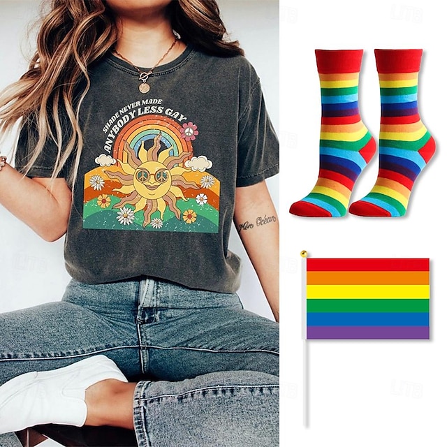  lgbt lgbtq t-shirt duma koszulki z 1 parą skarpetek zestaw tęczowej flagi odcień nigdy nie uczynił nikogo mniej gejem queer lesbijka retro koszulka dla par unisex parada dumy dla dorosłych miesiąc