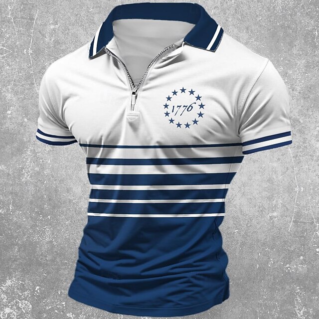 Men's Striped 1776 Zip Polo Shirts Golf Shirt Short Sleeve Polo Shirts Collared Shirts Casual Streetwear Vacation Wear Party Outfits 3D Print Quarter Zip Polo Spring & Summer Blue4
