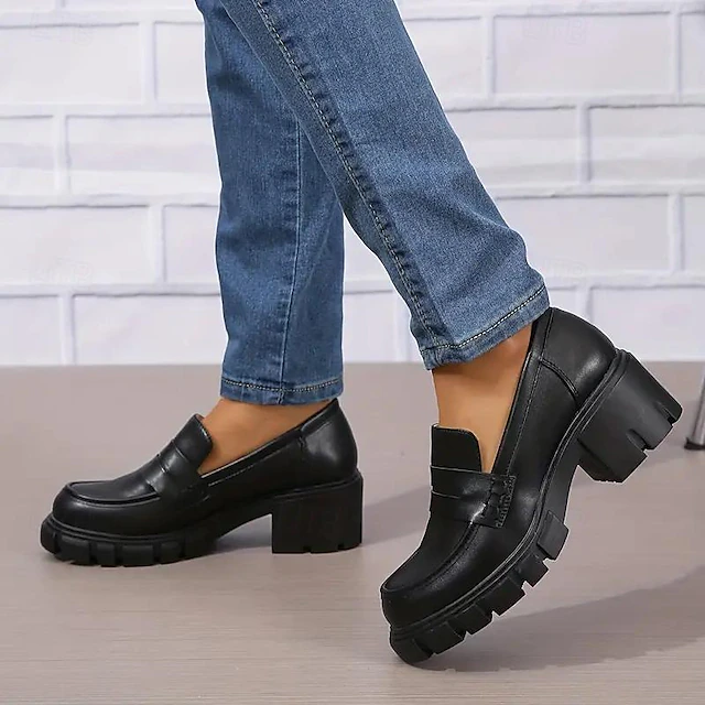 Women's Chunky Platform Loafers – Black Slip-On Round Toe Lug Sole Shoes for Casual & Office Wear 13
