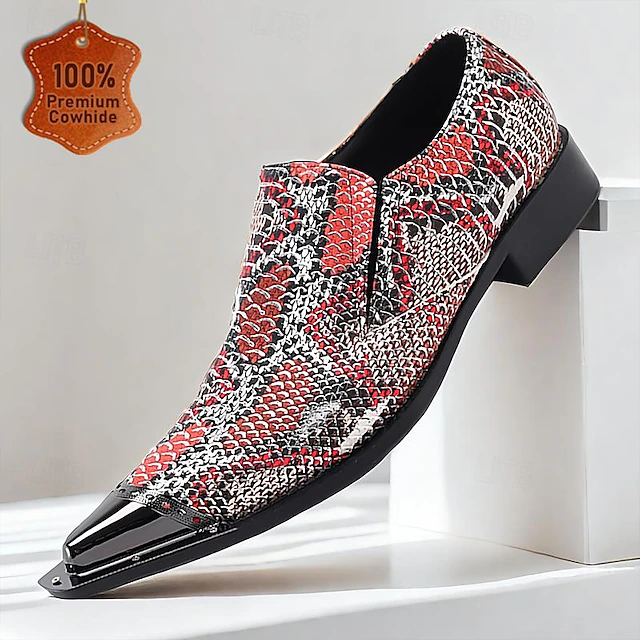Men's Exotic Red Leather Snake Skin Print Loafers with Gold Tip Pointed Toe and Low Block Heel 10