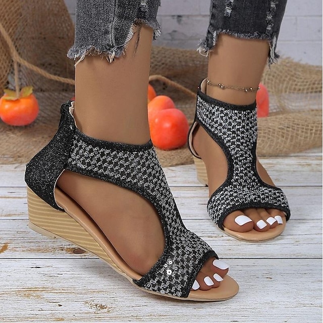 Pentru femei Sandale Sandale Platformă Zilnic Paiete Pană Pantofi vârf deschis Casual PU Fermoar Negru Argintiu Auriu