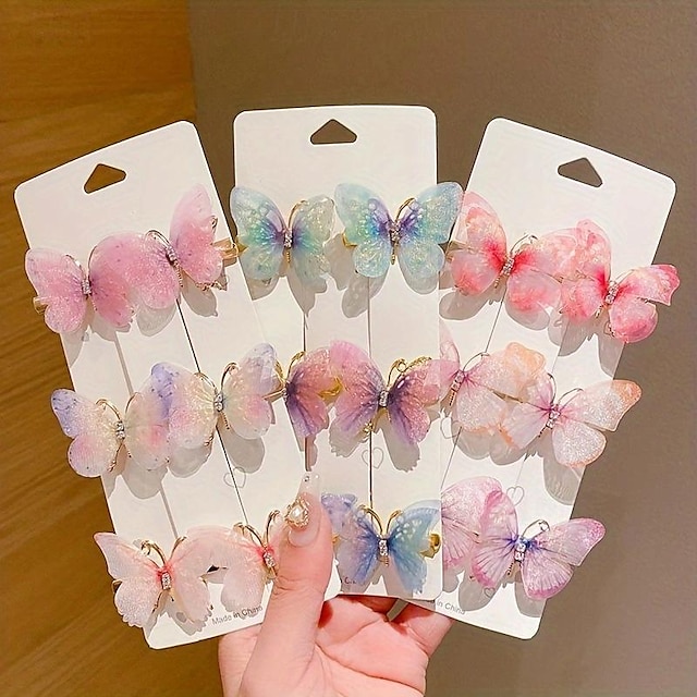  6pcs Butterfly Rhinestone Gradient Color Butterfly Hair Clips, Girls Hair Accessories