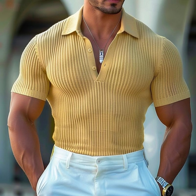  Men's Golf Shirt Knit Polo Business Casual Ribbed Polo Collar Classic Short Sleeve Fashion Modern Solid Color Stripes Button Ribbed Summer Spring Slim Fit Yellow Blue Grey Golf Shirt