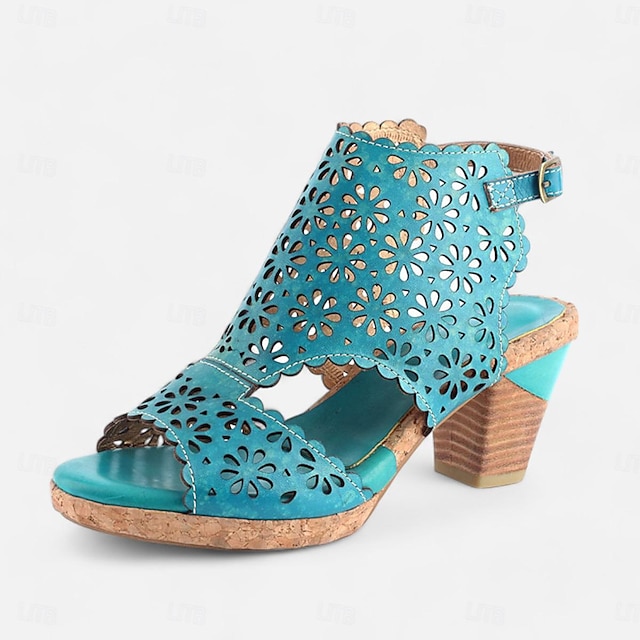  Women's Turquoise Cutout Leather Sandals – Vintage Hollow-Out Chunky Heel Peep-Toe Summer Shoes for Casual & Boho Style