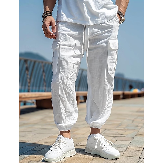  Bărbați Jogger Pantaloni de in Pantaloni Pantaloni de vară Pantaloni de plajă Cordon Talie elastică Multi Buzunare Simplu Confort Respirabil Casual Zilnic Concediu Modă Stil Clasic Negru Alb