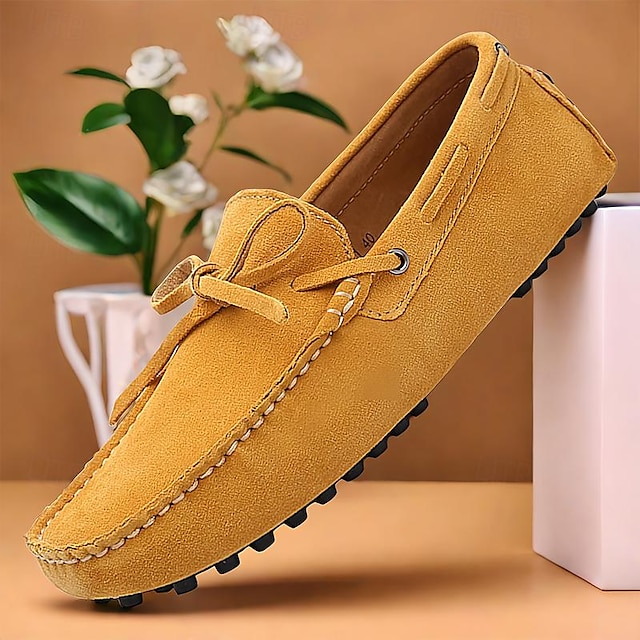  Homens Mocassins e Slip-Ons Sapatos de camurça Couro Confortável Antiderrapante Mocassim Amarelo Vermelho Laranja
