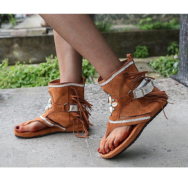  damekvast trendy flate sandaler, boho stil åpen tå spenne stropp string sandaler romerske strandsko khaki brun svart