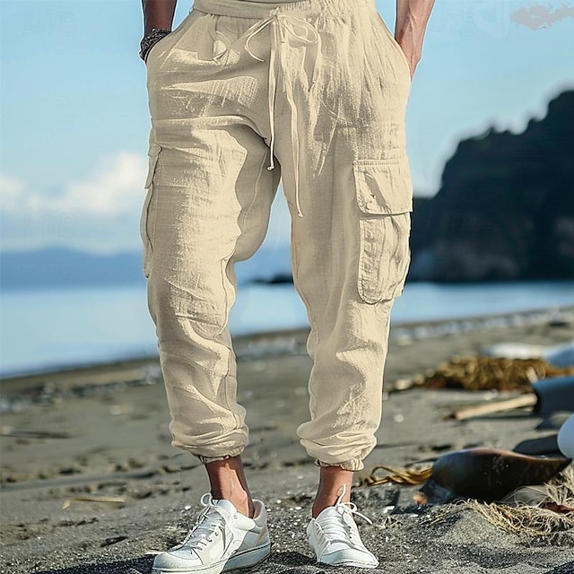  Men's Cargo Pants Linen Pants Trousers Summer Pants Beach Pants Drawstring Elastic Waist Multi Pocket Plain Comfort Breathable Full Length Casual Daily Holiday Fashion Classic Style Black White