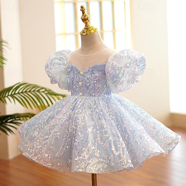  Toddler Girls' Party Dress Sequin Sleeveless Performance Mesh Cute Princess Polyester Above Knee Sheath Dress Tulle Dress Summer Spring Fall 3-7 Years Sky Blue