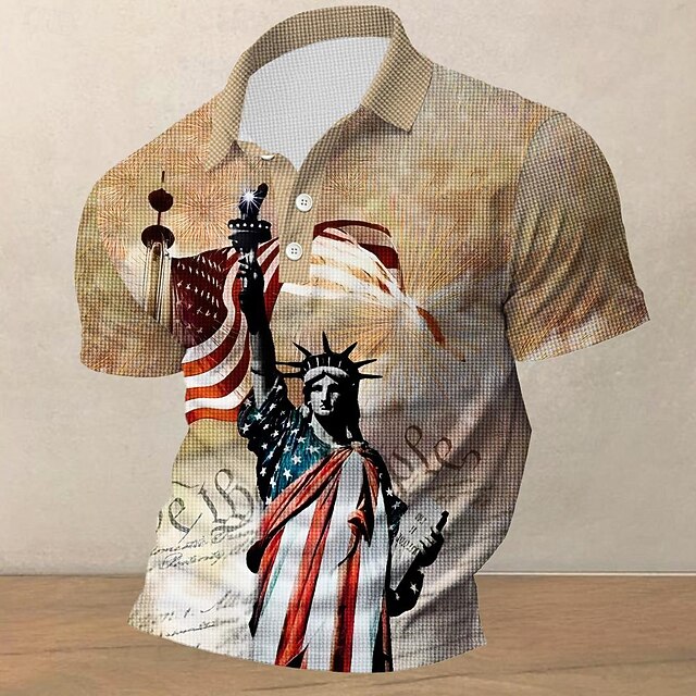 American Independence Day Men's American Flag Veterans Waffle Polo Shirts Golf Shirt Short Sleeve Polo Shirts Collared Shirts Streetwear Vacation Wear Party Outfits Buttons 3D Print Summer Spring4