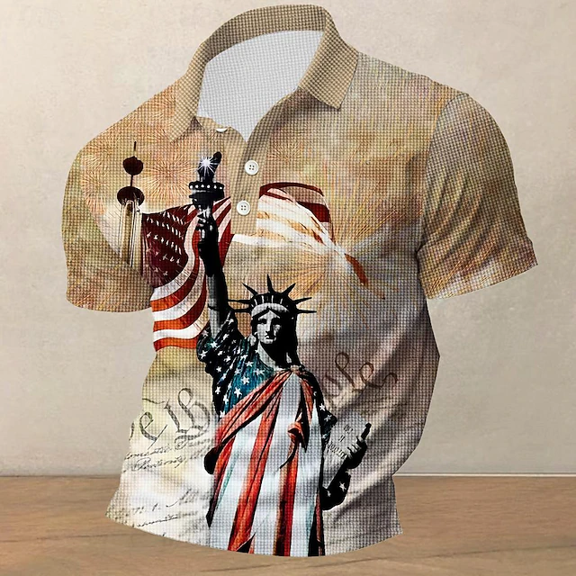 American Independence Day Men's American Flag Veterans Waffle Polo Shirts Golf Shirt Short Sleeve Polo Shirts Collared Shirts Streetwear Vacation Wear Party Outfits Buttons 3D Print Summer Spring4