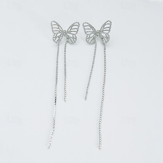  Women's Hoop Earrings Tassel Fringe Butterfly Precious Elegant Statement Imitation Diamond Earrings Jewelry Silver For Wedding Party 1 Pair