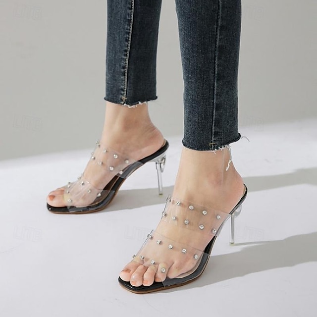  Dames Sandalen Duidelijke schoenen Dagelijks Strass Naaldhak Vierkante Teen Modieus minimalisme PU Leegloper Amandel Zwart Wit
