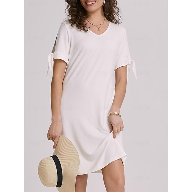  Women's White Dress Knee-Length Causal V-Neck Cold Shoulder with Bow Ties Summer Spring 2024
