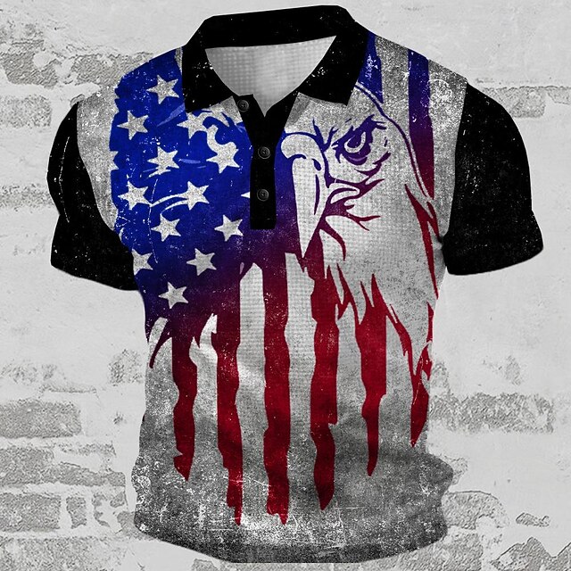 American Independence Day Men's American Flag Veterans Waffle Polo Shirts Golf Shirt Short Sleeve Polo Shirts Collared Shirts Streetwear Vacation Wear Party Outfits Buttons 3D Print Summer Spring Gray4