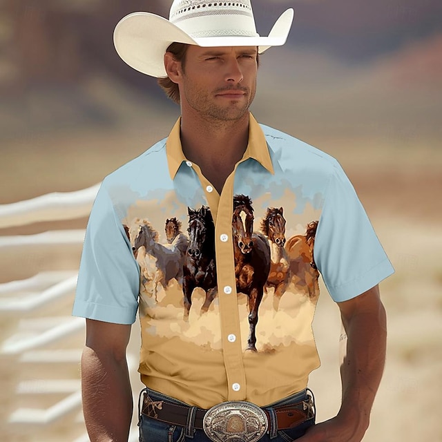  Men's Horse Shirt Western Shirt Cowboy Shirt Short Sleeve Western Style Tribal Outdoor Summer Spring Shirt Collar Khaki