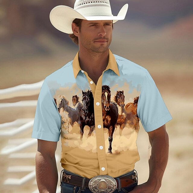 Men's Horse Shirt Western Shirt Cowboy Shirt Short Sleeve Western Style Tribal Outdoor Summer Spring Shirt Collar Khaki4